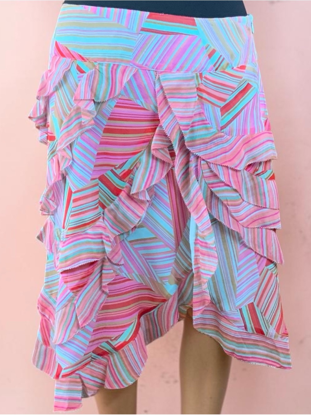 Striped Pink Turquoise Ruffle Asymmetrical Midi Skirt very flattering. - Picture 2 of 8